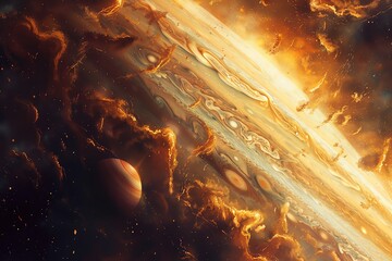 Realistic depiction of Jupiters atmosphere, detailed storms, rich color depth - obrazy, fototapety, plakaty