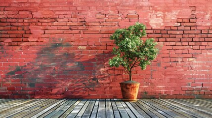 red brick wall with wooden floor and small tree in a pot, with a wooden flooring background