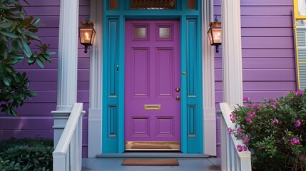Dutch door painted in a vibrant color with polished brass hardware