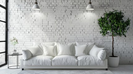 brick wall with sofa and table, and tree pot on the side, copy space