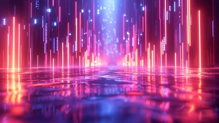 3D rendering of an abstract neon background with vertical glowing lines ascending towards an unseen horizon, creating a sense of infinite growth in a digital space