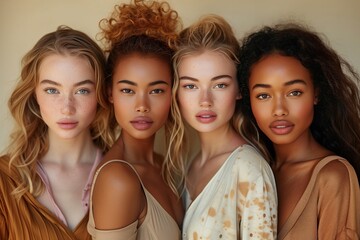 Fototapeta premium Portrait of attractive models with different skin tones on a light beige background