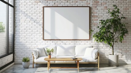 brick wall with sofa and table, and tree pot on the side, copy space