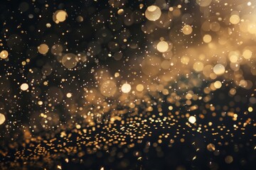 Shiny golden glitter falling down on black background. Bokeh effect