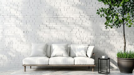 brick wall with sofa and table, and tree pot on the side, copy space