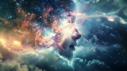 Surreal depiction of a woman's face merging with a cosmic backdrop representing concepts of fantasy and dreams