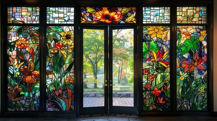 Stained glass door with colorful panels depicting nature scenes