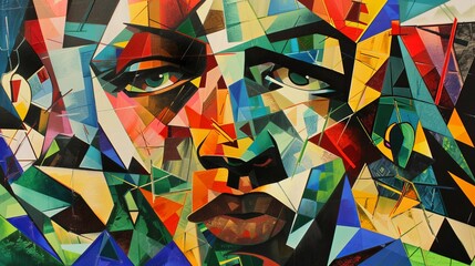 Vibrant abstract geometric art piece with colorful shapes forming a stylized face on a dynamic background