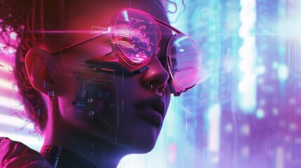 Futuristic portrait of a young woman with glowing digital enhancements against a neon cyberpunk backdrop