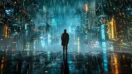 Solitary figure in a futuristic city during a heavy rain, neon lights reflecting on wet surfaces