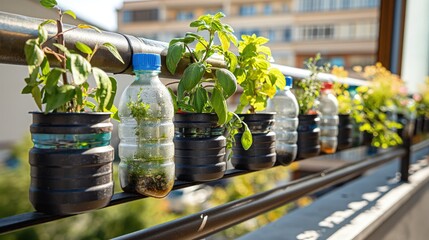 An artistic arrangement of recycled bottles used as planters for growing herbs, attached to a sunny apartment balcony railing.