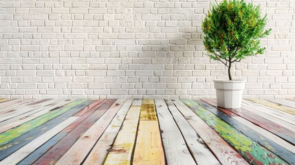 A white brick wall with a wooden floor and wall background. A small tree in a pot on side