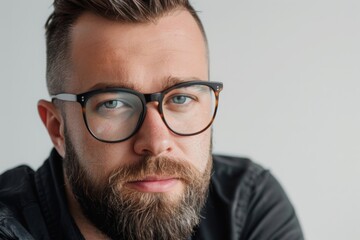 Caucasian man with beard and glasses looking at camera