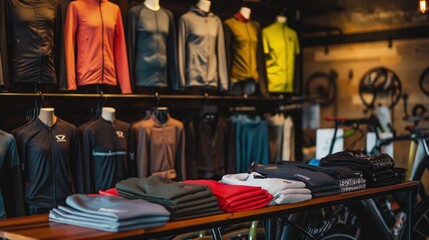 An assortment of fashionable and functional cycling apparel made from lightweight fabrics, displayed in a minimalist urban bike shop.