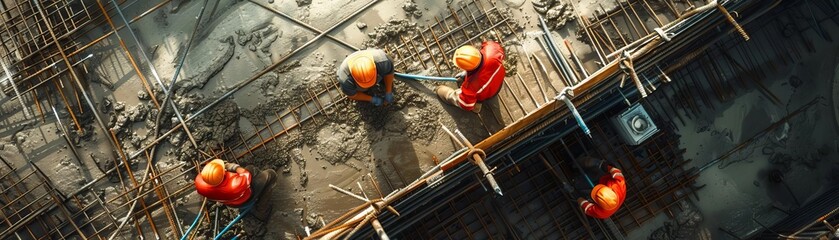 Closeup view of construction details such as steel rebar, concrete pouring, and skilled workers in action, set against the backdrop of an active construction site