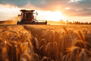 Fototapeta premium Seasonal wheat harvest by combine, concept of agricultural business, eco products 