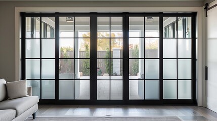 French doors with frosted glass panels and black metal framing for a chic look