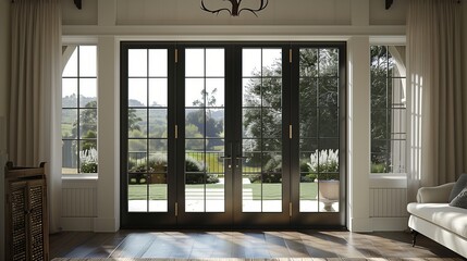French doors with frosted glass panels and oil-rubbed bronze hardware