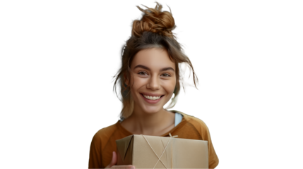 Woman holding a package isolated on transparent background
