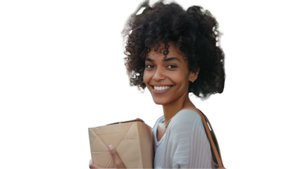 Woman holding a package isolated on transparent background