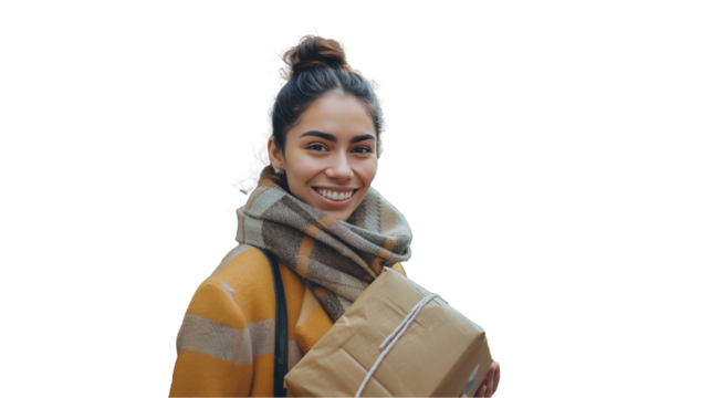 Woman holding a package isolated on transparent background