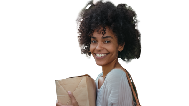 Woman holding a package isolated on transparent background