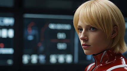 Blond Android in Red: Futuristic Portrait.
