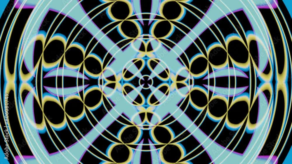 Poster a seamless psychedelic animation with a mesmerizing display of symmetrical kaleidoscopic patterns.