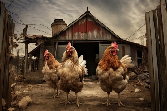 Chickens on a chicken farm grazing outdoors, domestic animal husbandry concept
