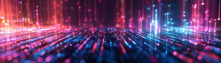 Fototapeta premium Futuristic 3D scene with thin, glowing neon lines ascending rhythmically, simulating digital data streaming upwards in an abstract composition