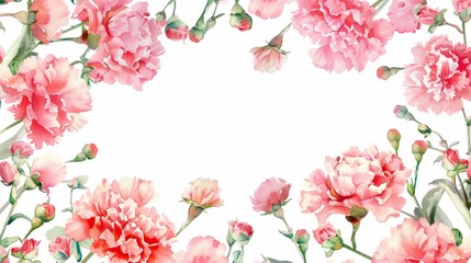 Cutsche pink carnations frame on white background, watercolor style, pastel colors, spring flowers, pink petals and green leaves, pink peonies in the corners of the picture.