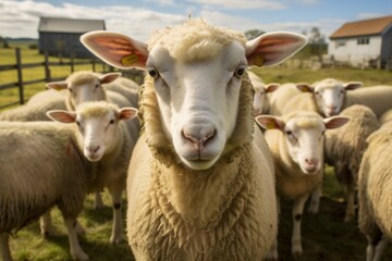 Fototapeta premium Funny close up portrait of a lamb on a wide angle camera 