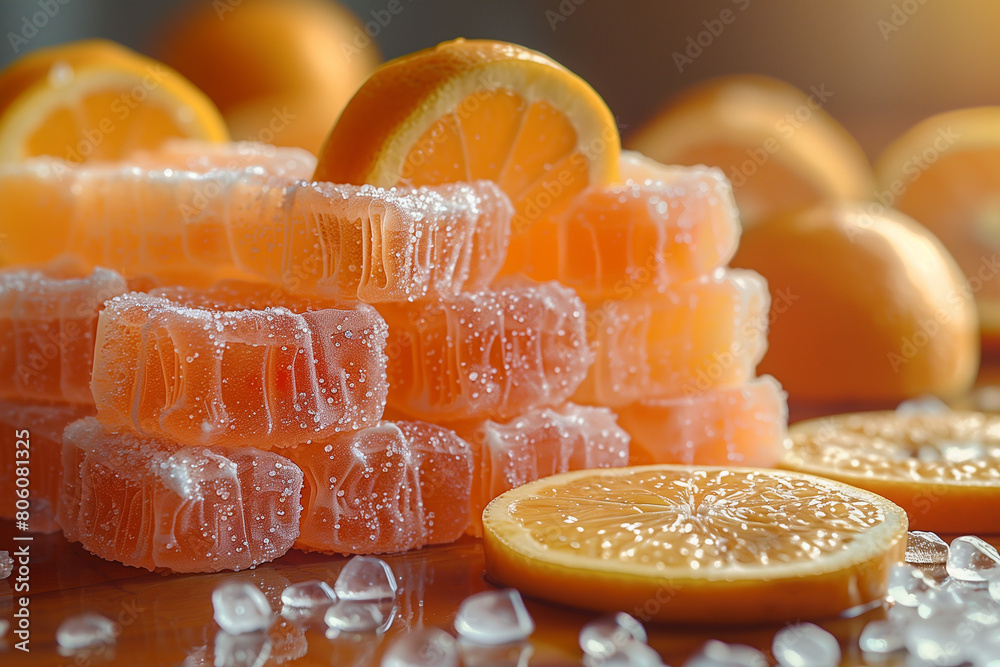 Wall mural jelly cubes, squares. Pieces sweet marmalade dusted in sugar closeup. Mixed colorful candies.  orange, grapefruit Jelly Candy. Orange fruit  candy. Multi-colored fruit marmalade. 