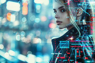 Beautiful young woman in cyberspace. Futuristic composition. Banner with copy space. 3D rendering of a toned image with  