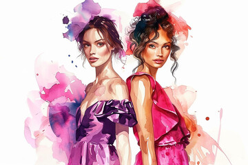 Two beautiful young women in colorful watercolor painting. Fashion illustration on a white background.  
