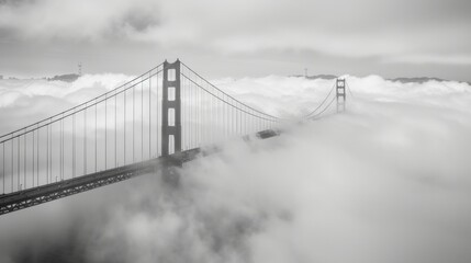 Bridge Emerging from the Fog: Frame the Golden Gate Bridge as it emerges from the thick fog, showcasing its iconic towers partially shrouded in mist, evoking a sense of mystery and grandeur. 