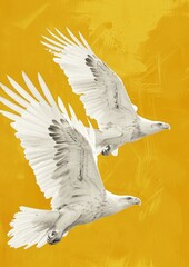 Soaring Eagles in Monochrome White Against Luminous Yellow
