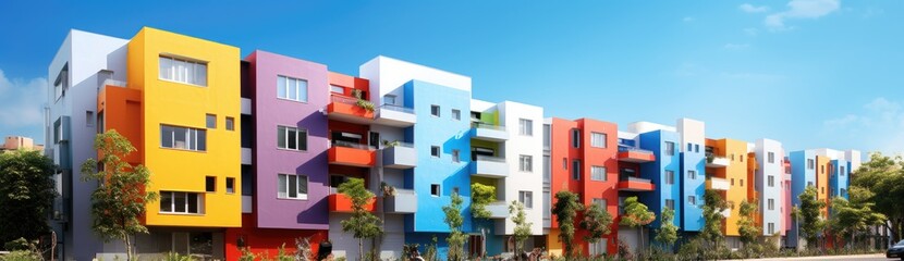 Fototapeta na wymiar Colorful Facade: Residential Complex Boasts Bay Windows in a Variety of Hues