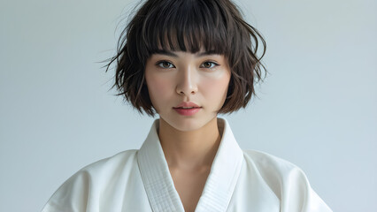 Pixie Cut Beauty: Asian Judo Athlete, Elegant Pixie Hairstyle on Asian Girl, Chic Pixie Look for Beautiful Asian Athlete, Stylish Hairdo: Asian Girl's Pixie Cut