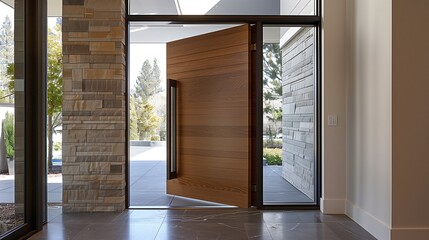 Modern pivot door with a wood veneer finish and recessed handle