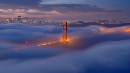 Foggy Bridge with City Lights: Photograph the Golden Gate Bridge enveloped in fog with the twinkling lights of the city skyline in the background. Generative AI