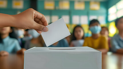Students vote within the school using ballot papers to vote. Basic democracy education in school.