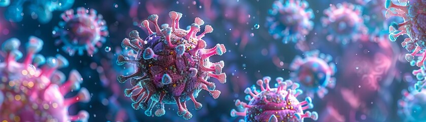 Macro closeup image of microscopic virus cells, artistically rendered in bright colors on a black background, suitable for editorial and educational content