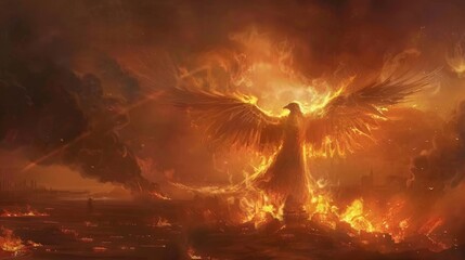 Majestic Phoenix Rising From Fiery Inferno in Apocalyptic Scene