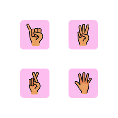 Fototapeta premium Hand gesture line icon set. Five, three, crossed fingers, fist with elongated little finger. Gesturing concept. Can be used for topics like communication, deaf language. Vector illustration for app