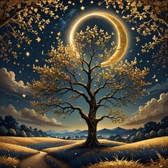 Insanely detailed illustration of a night landscape golden dream