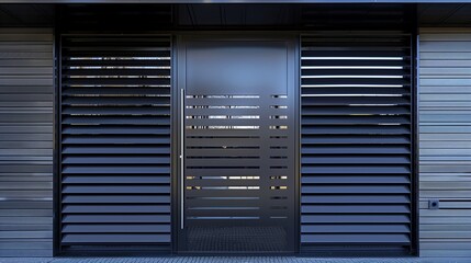 Modern steel door with horizontal slats and a matte black finish