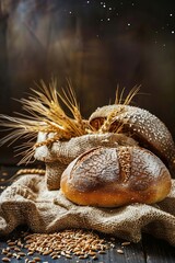 fresh bread on a wooden table with wheat, Generative AI,