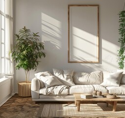 A living room mockup with an empty frame leaning against the sofa, wooden floor, white walls and a window behind it. The furniture is placed on top of parquet flooring