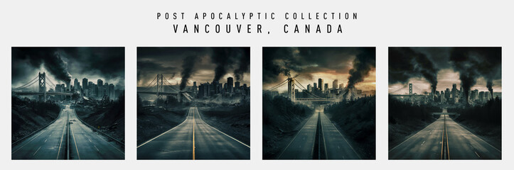 Post Apocalyptic cinematic fictional Vancouver, Canada city skyline. Highway leading to a Armageddon end of the world city. Zombie, alien invasion, sci-fi, survivor, apocalypse, global disaster